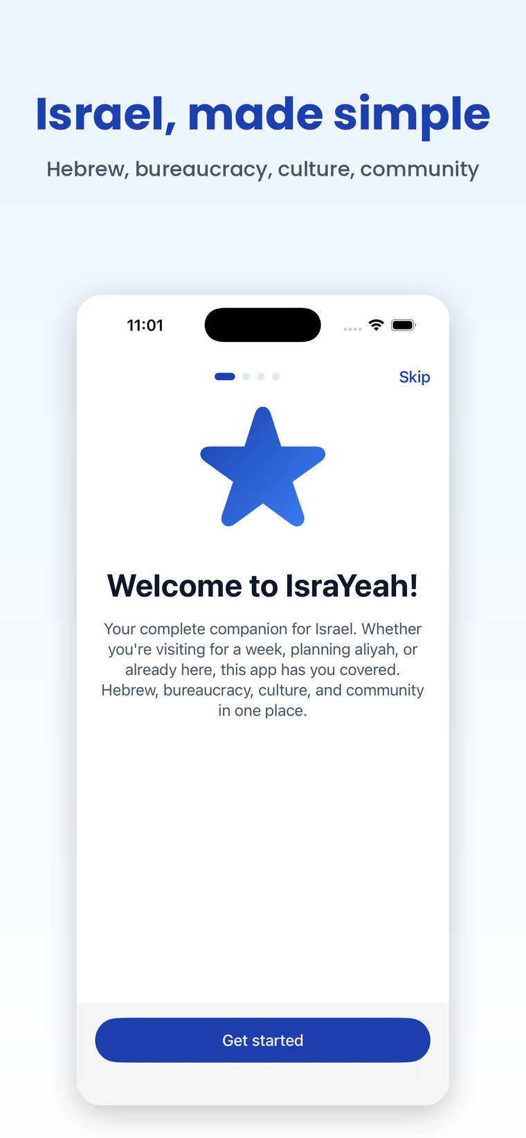 IsraYeah welcome screen from the iOS app